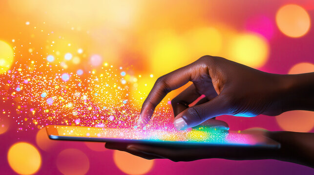 Hand using touchscreen technology to browse colorful interface, creating vibrant display of light and sparkles. interaction evokes sense of wonder and creativity