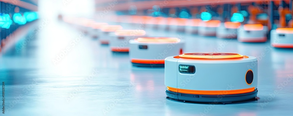 Poster autonomous robots in a modern warehouse, high-tech logistics in action