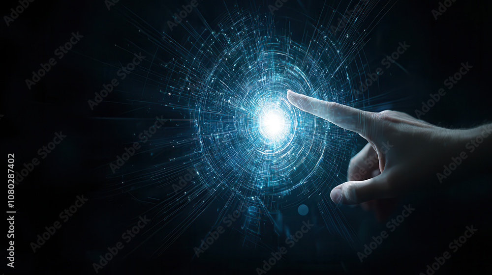 Aufkleber hand reaching towards glowing orb, surrounded by swirling light patterns, creating sense of wonder a