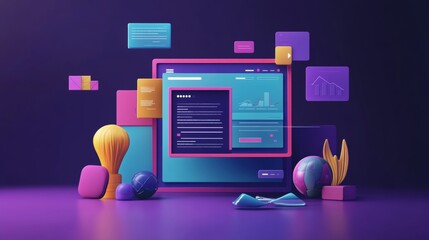 Concept of assembling a web page from modules that fly around the display. The web design studio concept page is on the display