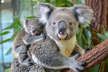 Fototapeta premium Mother Koala Carrying her Joey