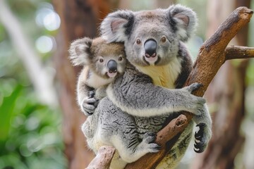 Fototapeta premium Koala Mother and Baby Clinging to a Tree Branch