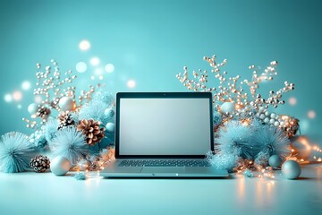 Bright and Professional Mockup of an Open Laptop Surrounded by Decorative Elements and Festive Accents in a Vibrant Scene