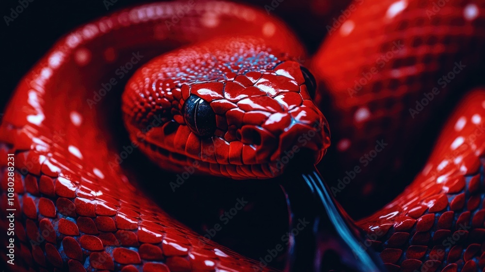Poster close-up shot of a red snake's head with detailed texture and pattern