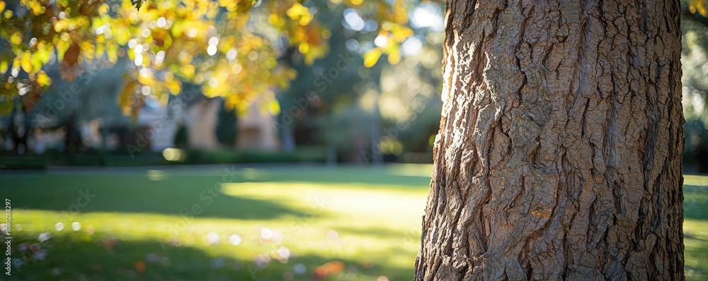 Poster close-up of a tree bark with sunlight filtering through leaves in the background.