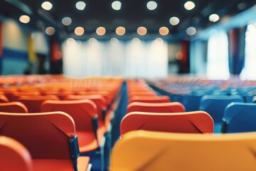 Blurred view of a professional conference setup with chairs, stage, and lighting