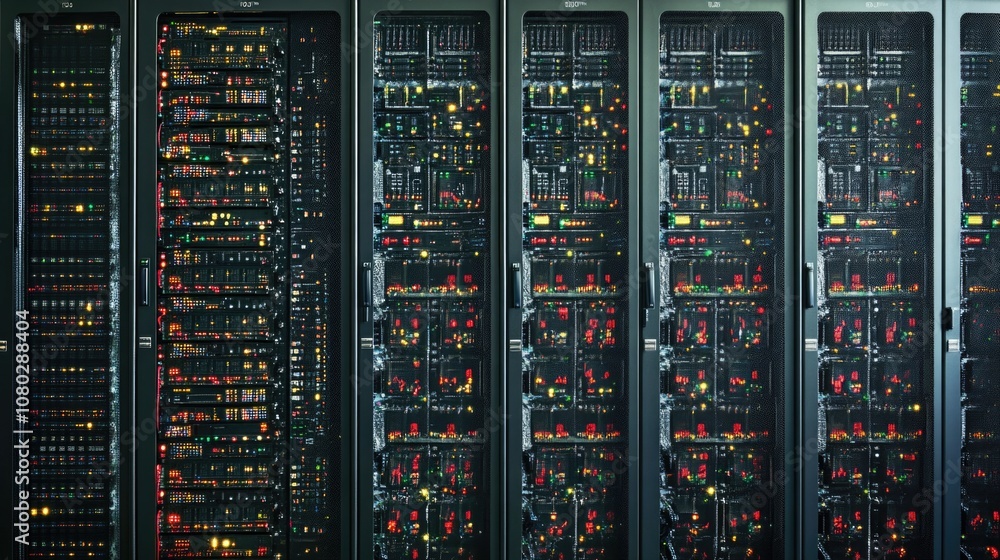 Poster row of computer servers in a data center facility