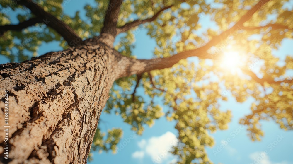 Aufkleber tree trunk and branches against a bright blue sky with sunlight shining through leaves.