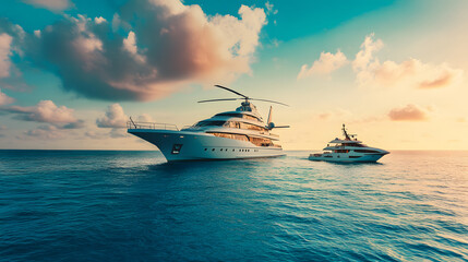 Fototapeta premium A luxury helicopter landing on a yacht in the middle of a tropical sea.