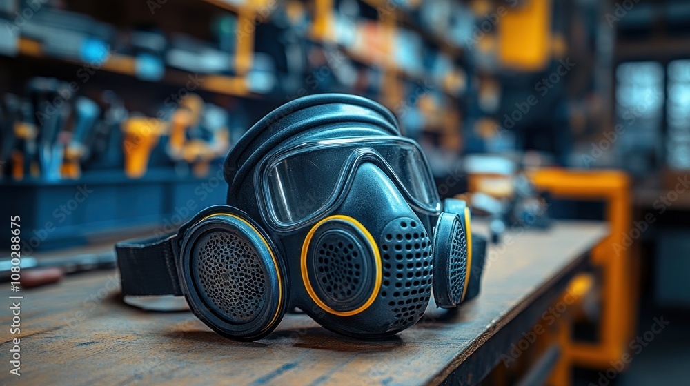 Aufkleber a gas mask resting on a workbench in a workshop setting.