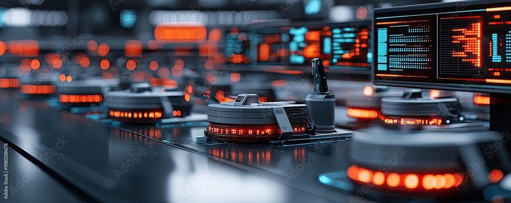 Aufkleber Futuristic control panel with glowing screens and buttons on a sleek surface.