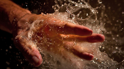 Fototapeta premium Hands, water splash and cleaning skin, bacteria and hygiene for blue studio background with mockup space. Hand rinsing, washing or clean for fresh hygienic cleanse in care for skincare