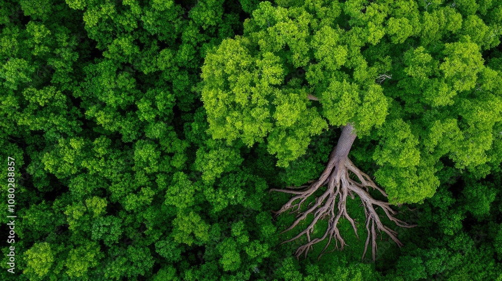 Poster aerial view of a single tree surrounded by lush green forest.
