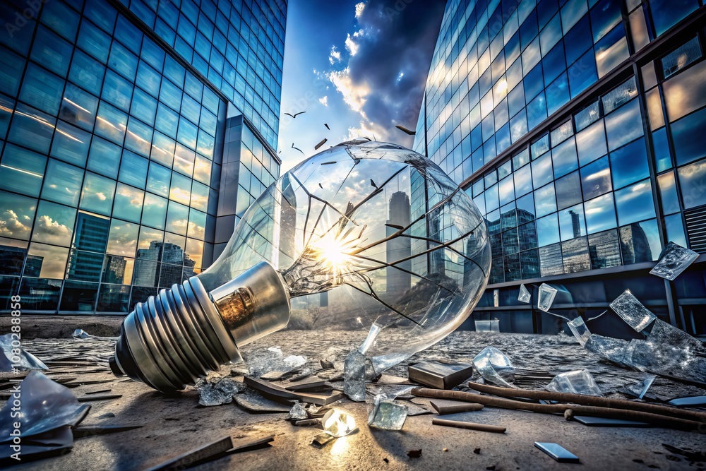 Poster shattered lightbulb representing broken ideas and dreams in an architectural context, with fragmente