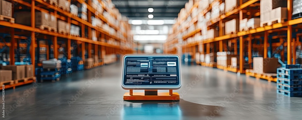 Poster digital inventory control system on a warehouse floor, white isolate background