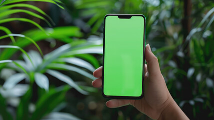 person holding smartphone with green screen in lush plant setting, showcasing technology and nature. vibrant greenery adds refreshing touch to scene