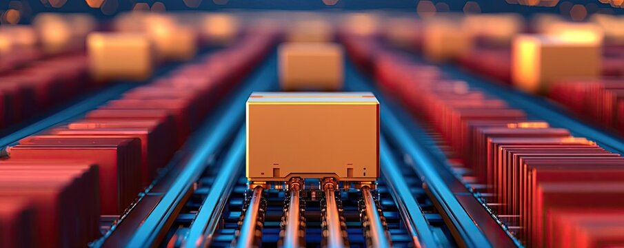 Cargo container on conveyor belt at a shipping facility.