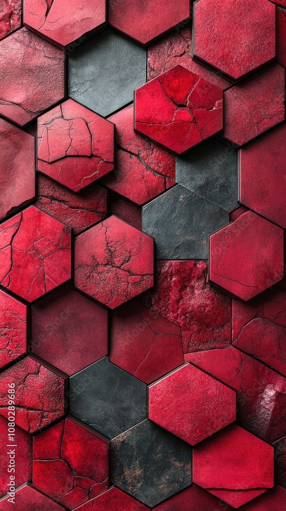 Poster abstract hexagonal pattern in red and black tones.