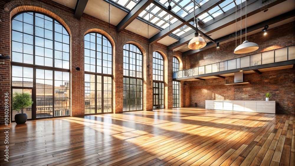 Poster spacious empty room with large window showcasing loft style architecture and natural light in modern
