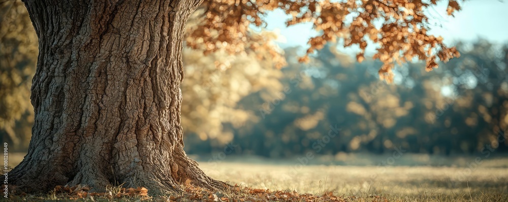 Poster a majestic tree trunk with autumn leaves illuminated by soft sunlight.