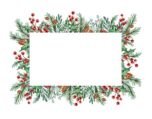 Christmas watercolor frame of fir branches for your text, invitation. Banner, new year card