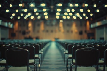 Blurred auditorium with rows of seats in a conference hall, ready for seminar