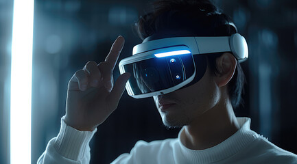 A man wearing virtual reality glasses, pressing a side button with his finger.