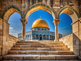 Naklejka premium Stairs Leading Up to the Dome of the Rock Framed by a Stone Arch at Temple Mount, Old Jerusalem - Captured Using the Rule of Thirds for Stunning Composition