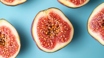 Freshly cut figs displayed on a vibrant blue background highlighting their juicy red interior and unique texture for a delicious summer treat