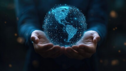 Fototapeta premium Hands holding a glowing digital globe, symbolizing global connectivity and technology. Concept of global, connectivity, and technology. 8k high Resolution