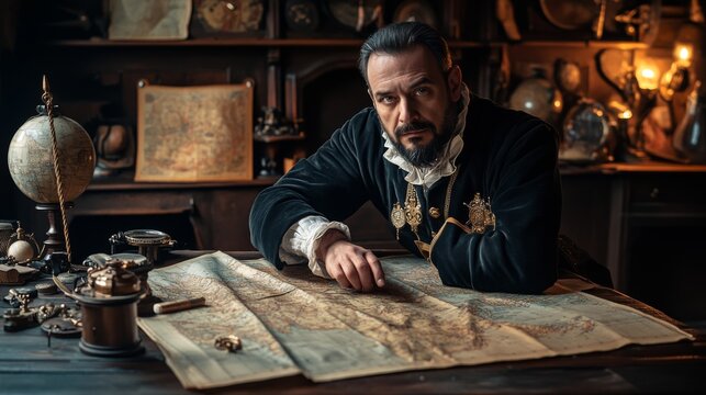 An explorer studies ancient maps in a historic setting. Discover the secrets of navigation and discovery. Adventure awaits in every detail. Generative AI