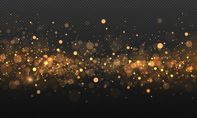 Abstract glowing christmas bokeh, defocused xmas light, sparkling golden particle, blur lens flare, gold dust sparkle and overlay texture photo effect isolated on dark transparent shiny background.