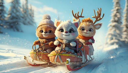 Fototapeta premium Cute animal character on snow sledding. Generative AI.