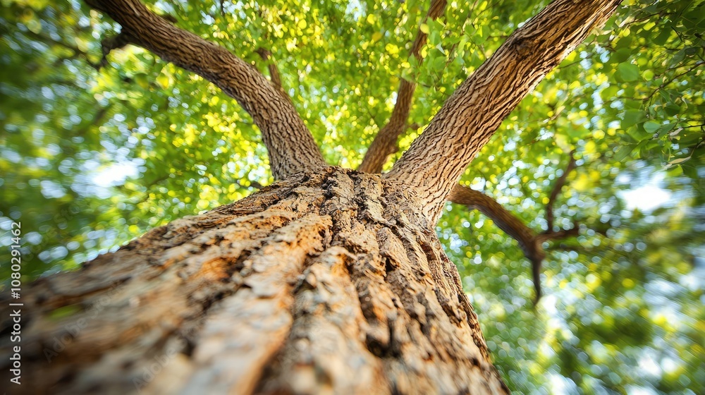 Aufkleber low angle view of a majestic tree with vibrant green leaves against the sky.