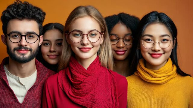 A group of young adults wearing glasses smile for a photo in front of an orange background