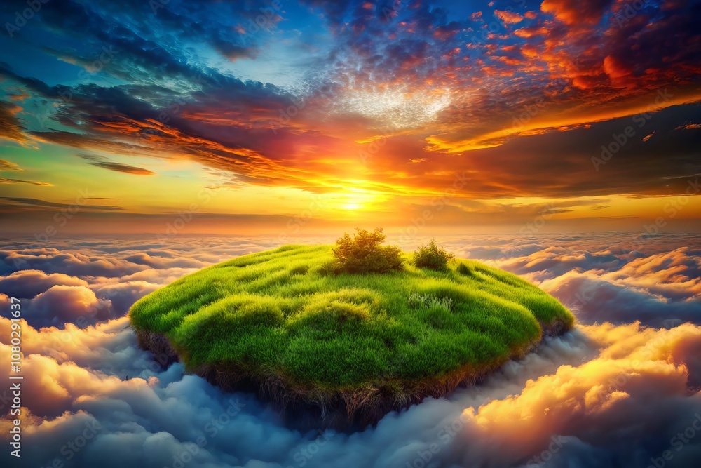 Aufkleber surreal floating grassy island above fluffy clouds at sunset with vibrant sky creating a dreamlike a