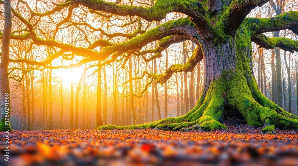 Poster majestic tree with vibrant moss and sunlight filtering through the forest.