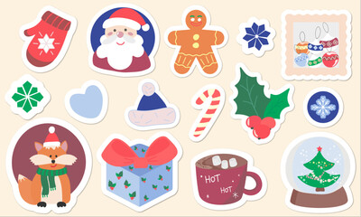 Christmas decorative banner with funny Santa Claus, gingerbread, fox and gift boxes and many more.