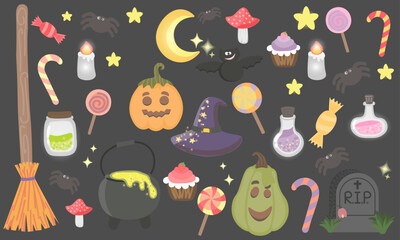 Stickers on the theme of Halloween that glow in the style of cartoons for decoration and a good mood, celebrating Halloween