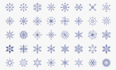 a set of hand-drawn snowflakes in the same style. for decorating, creating, websites. set of blue snowflackes on white background
