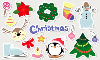 Christmas stickers and new year stickers to create a mood, to create stickers, various designs, cards, invitations. Cute cartoon christmas new year stickers