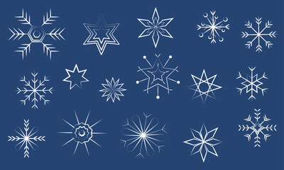 Snowflakes are hand drawn with the pen tool. 
set of white snowflakes on a blue background