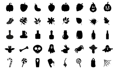 icons on the theme of Halloween in black hand-drawn style