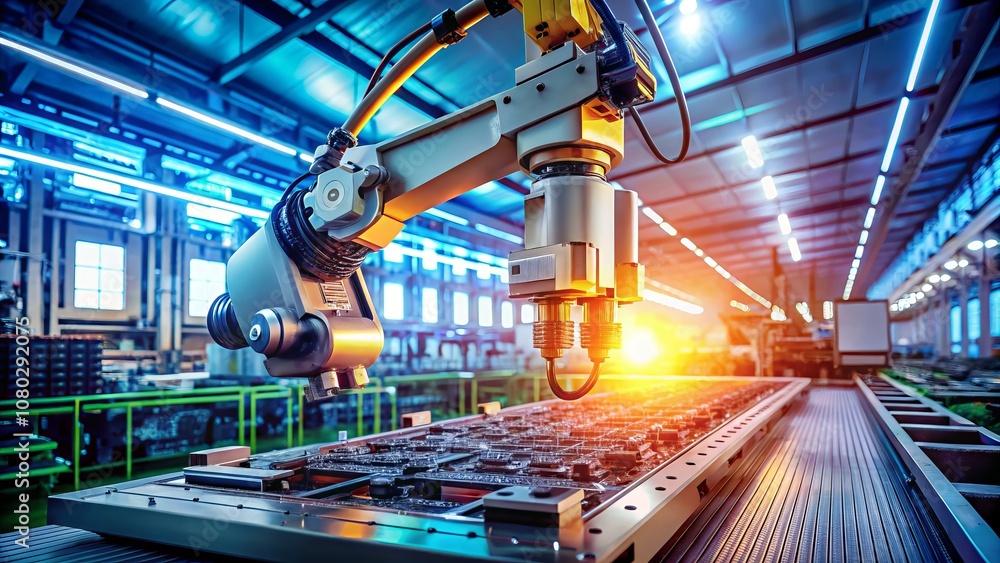 Poster surreal scene of advanced high precision robot arm in a bright electronics factory, automating pcb a