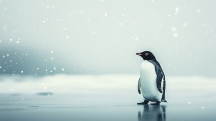 Fototapeta premium A lone penguin stands alert on a flat, icy landscape, with soft snowflakes gently falling around it.