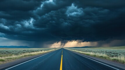 A lonely highway stretching into the distance as massive storm clouds roll in, creating a dramatic contrast between