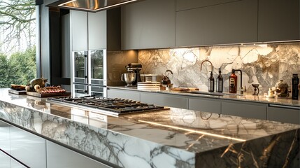 A modern kitchen with soft, the countertops with a cozy, inviting glow. The cabinets are sleek, with a polished finish, stone or marble countertops, and stainless steel appliances.