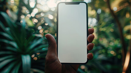 hand holding smartphone in lush green environment, showcasing blank screen. vibrant foliage creates serene backdrop, perfect for technology and nature themes