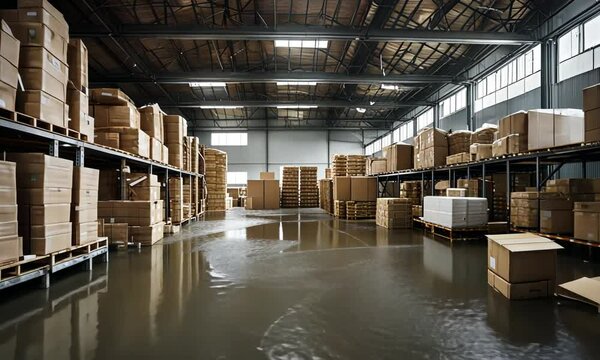 Flooded warehouse with stacked cardboard boxes. (1)