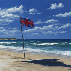Fototapeta premium A British flag flying on a beach with blue sky and white clouds.